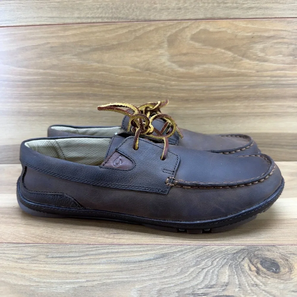 Olukai Mano Boat Loafers Mens 8 EU 41 Brown Leather Moc Toe Shoes‎